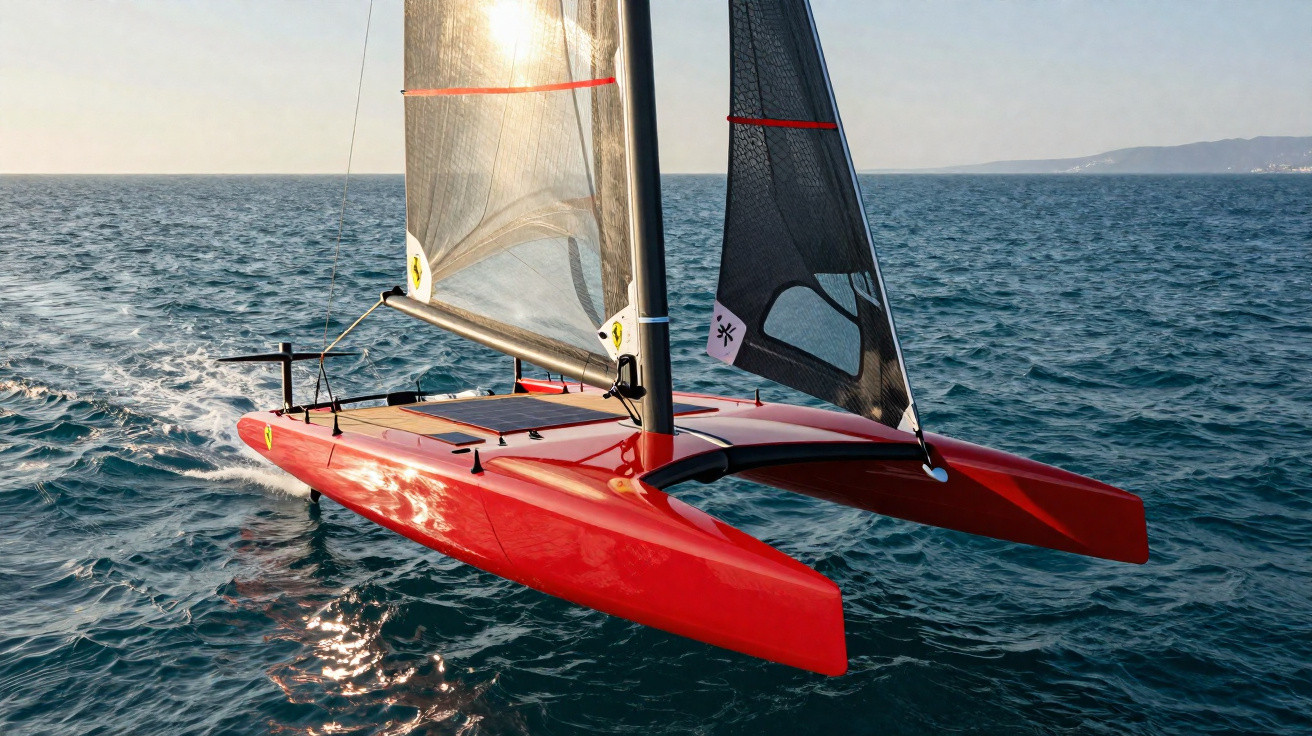 Catamaran rouge à deux coques naviguant sur une mer calme par temps ensoleillé.