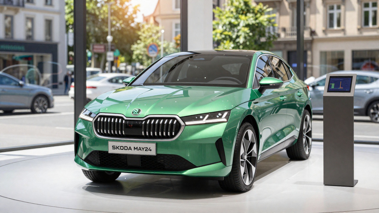 Voiture électrique Skoda May24 verte exposée en showroom moderne avec éclairage naturel urbain.