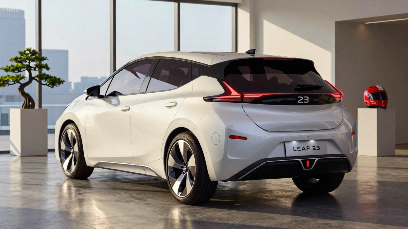 Voiture électrique blanche Nissan Leaf 2023 garée dans un intérieur moderne avec un casque rouge en arrière-plan.