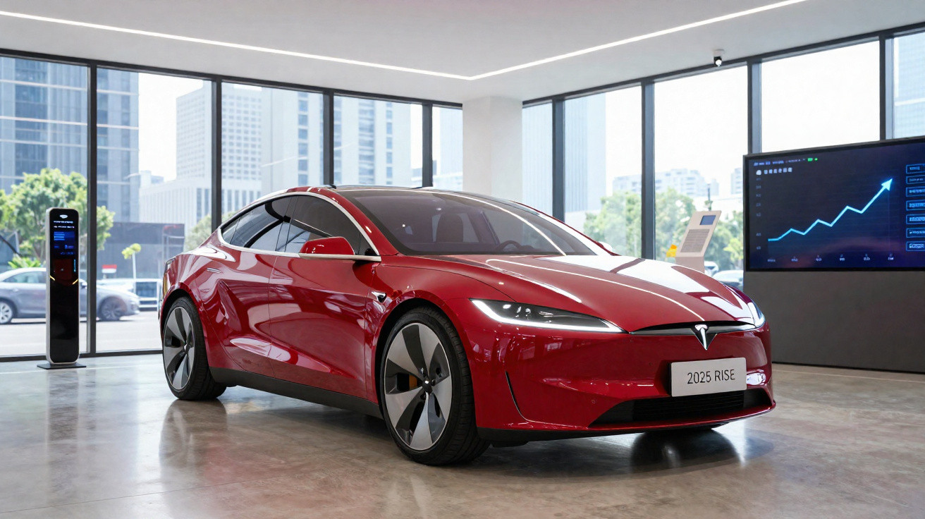 Voiture électrique rouge Tesla modèle 2025 exposée dans un showroom moderne avec grandes fenêtres.