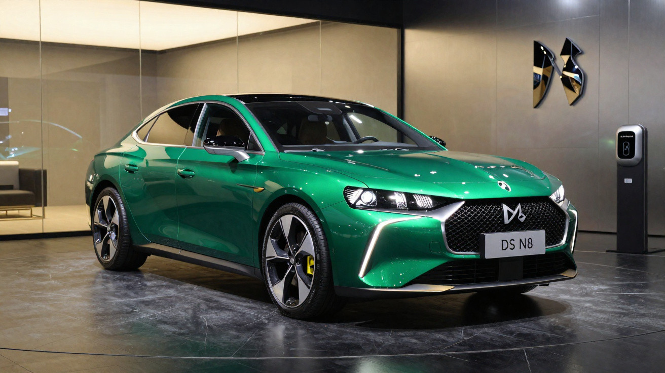 Voiture électrique DS N8 verte brillante exposée dans un showroom moderne avec borne de recharge à droite.