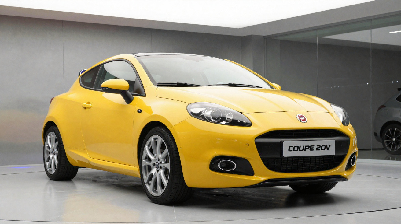 Voiture sportive jaune coupé 2 portes, modèle Coupe 20V, dans un showroom moderne au sol blanc.