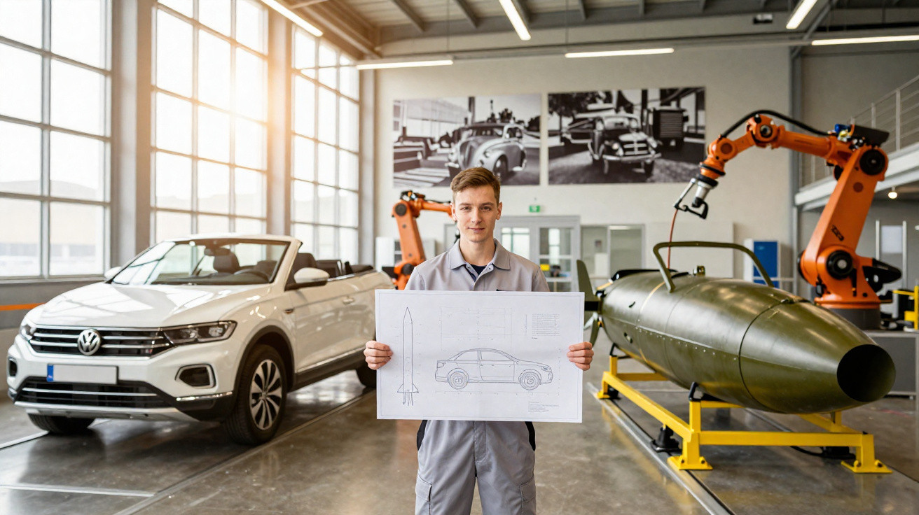 Jeune homme en combinaison tenant un plan de voiture dans un atelier avec voiture et engin militaire.