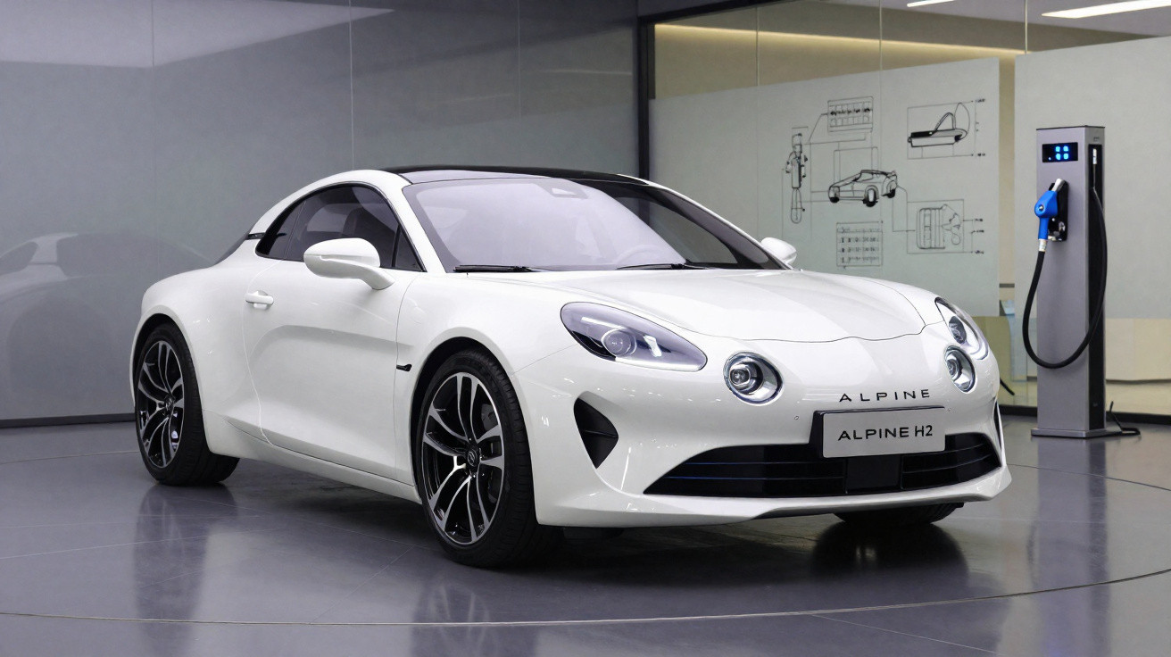 Voiture de sport électrique blanche Alpine H2 garée près d'une borne de recharge dans un showroom moderne.