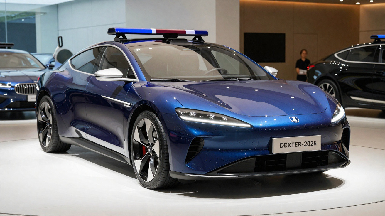 Voiture berline sportive électrique bleue avec gyrophare tricolore exposée en intérieur.
