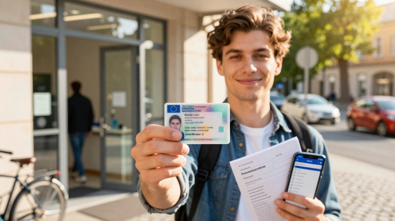 Jeune homme souriant montre sa carte d'identité allemande et un smartphone devant un bâtiment public ensoleillé.