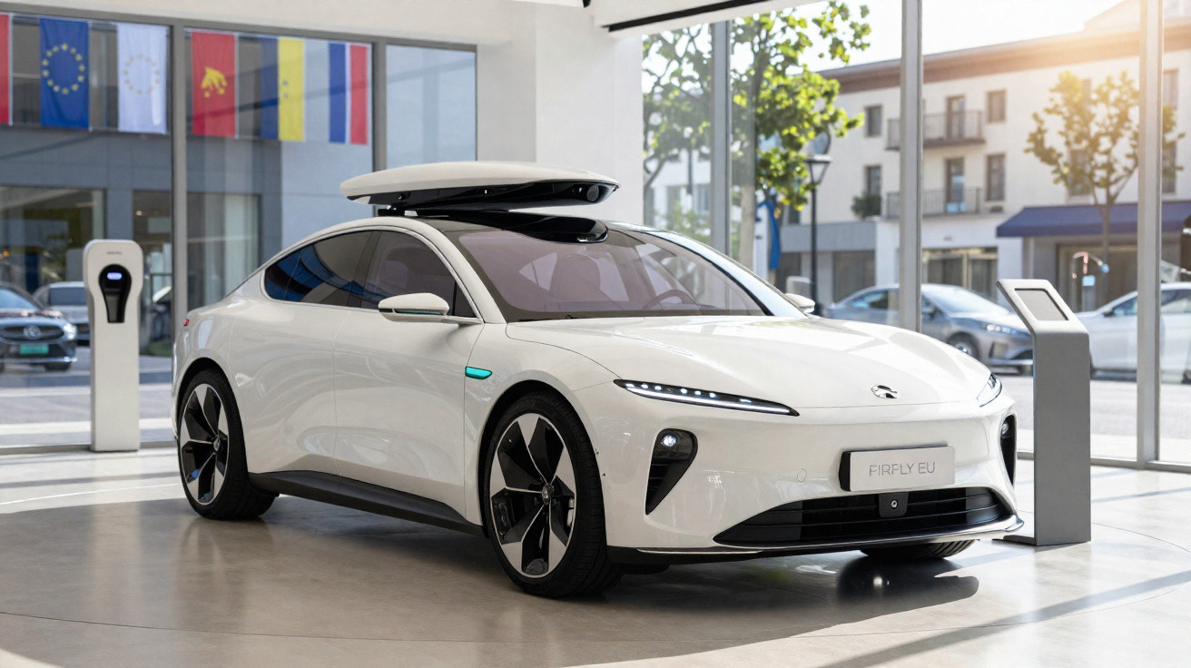 Voiture électrique blanche moderne avec galerie de toit, stationnée dans un showroom lumineux avec bornes de recharge.
