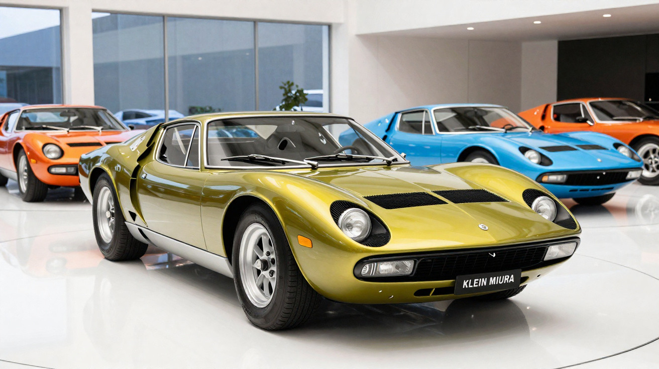 Voiture de sport classique Lamborghini Miura jaune avec deux autres voitures de sport colorées en arrière-plan dans un showro