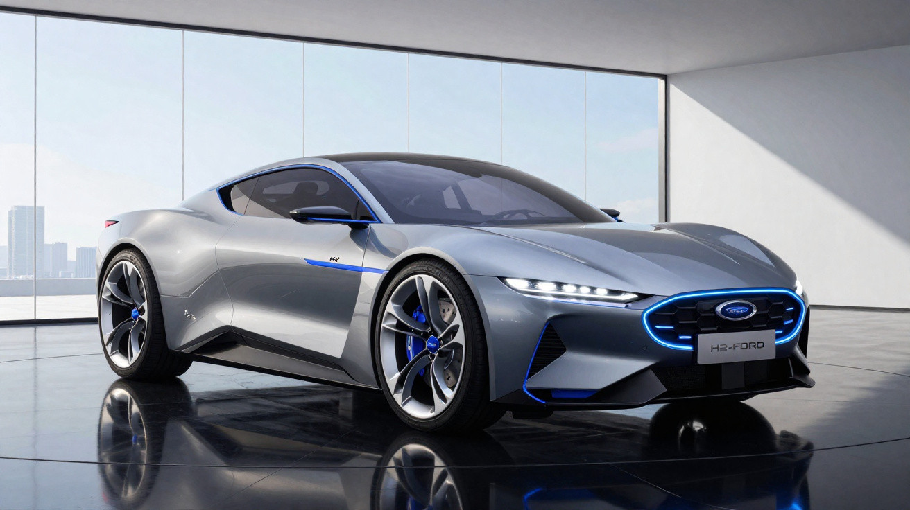 Voiture sportive électrique grise au design futuriste avec éclairage LED bleu dans un showroom moderne lumineux.