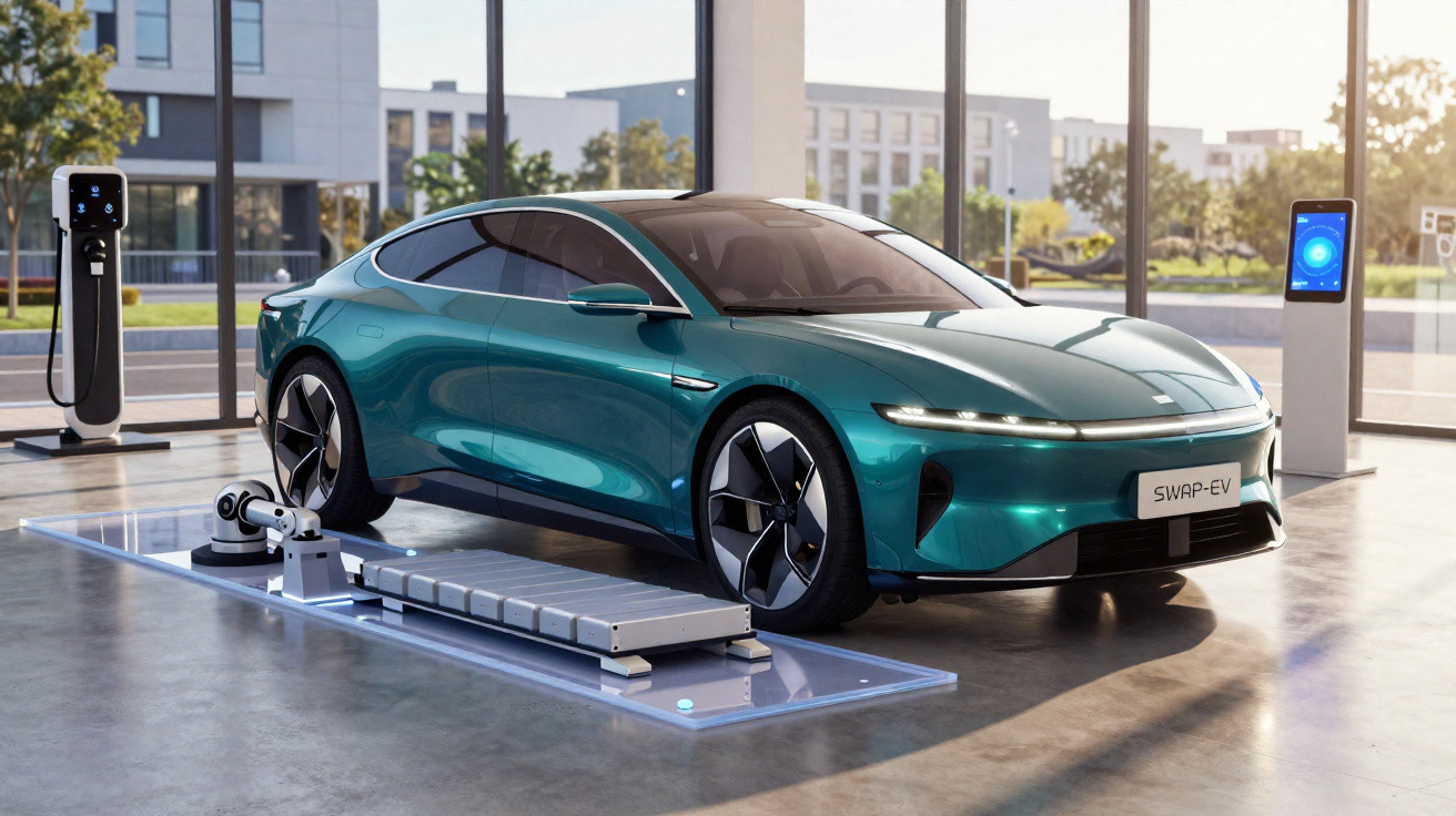 Voiture électrique moderne bleue en salle d'exposition avec robot de recharge automatique et station de charge rapide.
