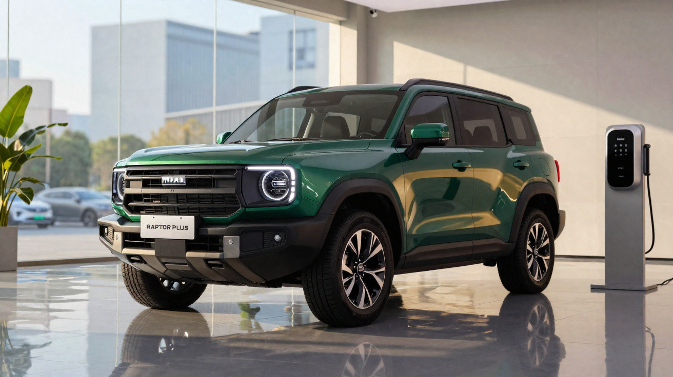 Véhicule SUV vert électrique Raptor Plus stationné à côté d'une borne de recharge dans un showroom lumineux.