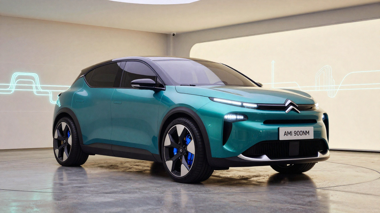 Voiture électrique Citroën AMI 900NM turquoise en présentation dans un espace moderne éclairé.