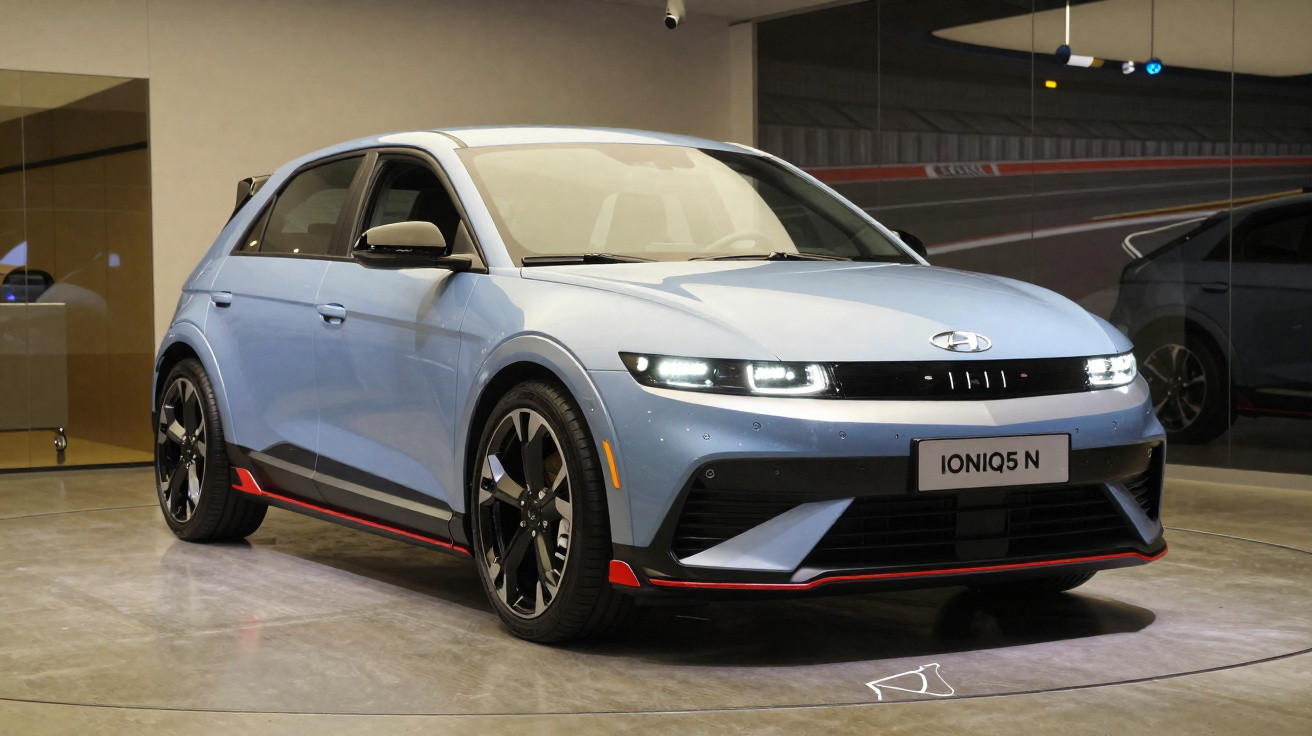 Voiture électrique Hyundai Ioniq 5 N bleue exposée en intérieur avec éclairage moderne.