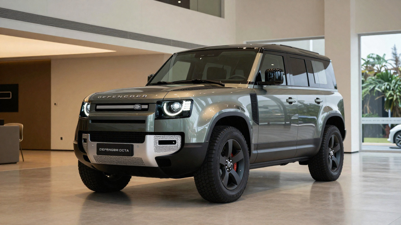 SUV Land Rover Defender gris métallisé exposé dans un intérieur moderne lumineux.