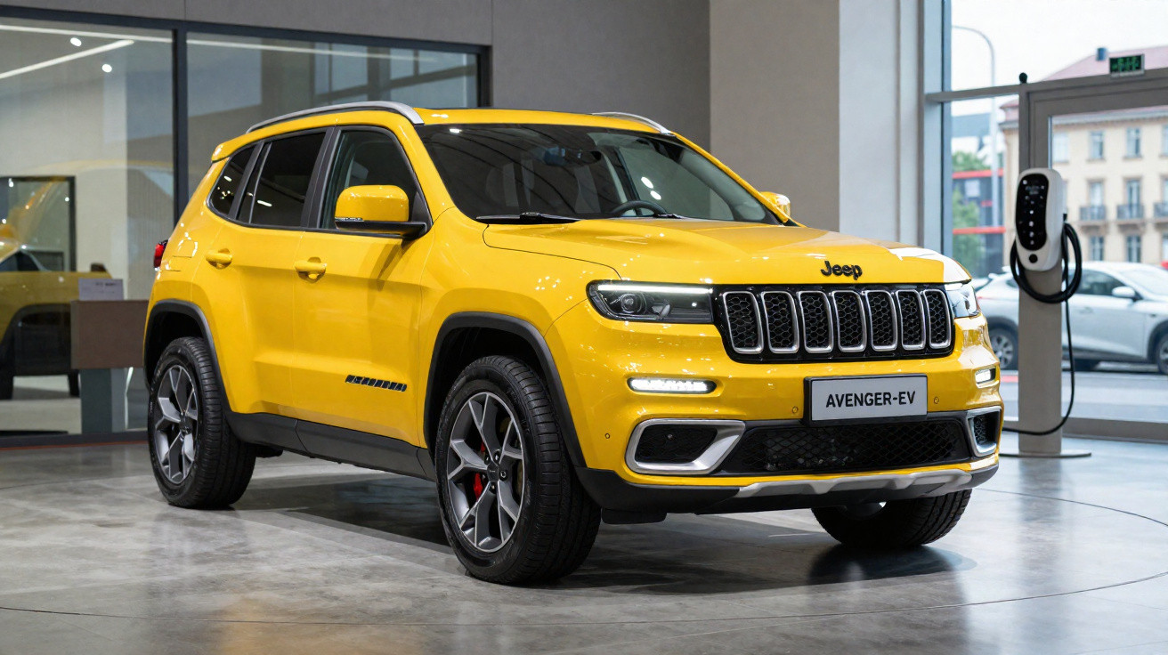 SUV Jeep Avenger électrique jaune stationné dans un showroom moderne avec borne de recharge visible.