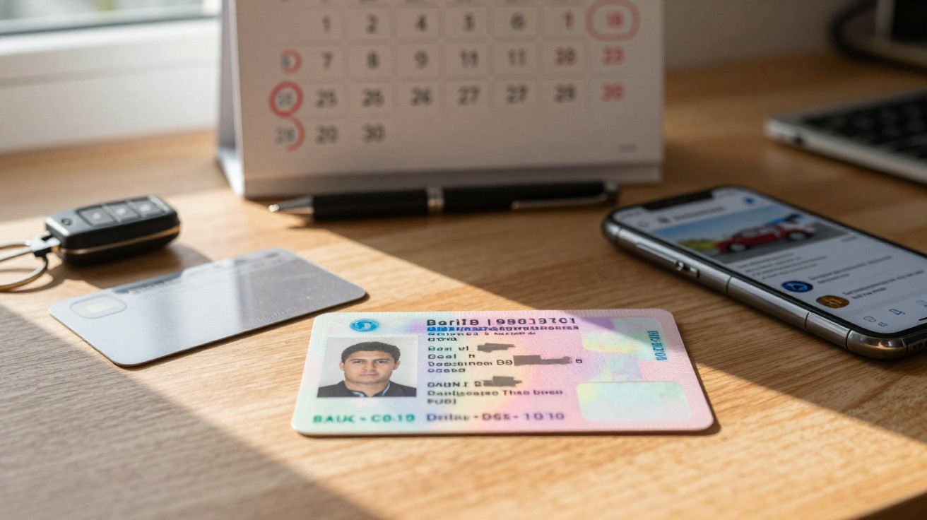 Carte d'identité posée sur un bureau en bois avec un calendrier, un téléphone, une carte bancaire et un trousseau de clés.