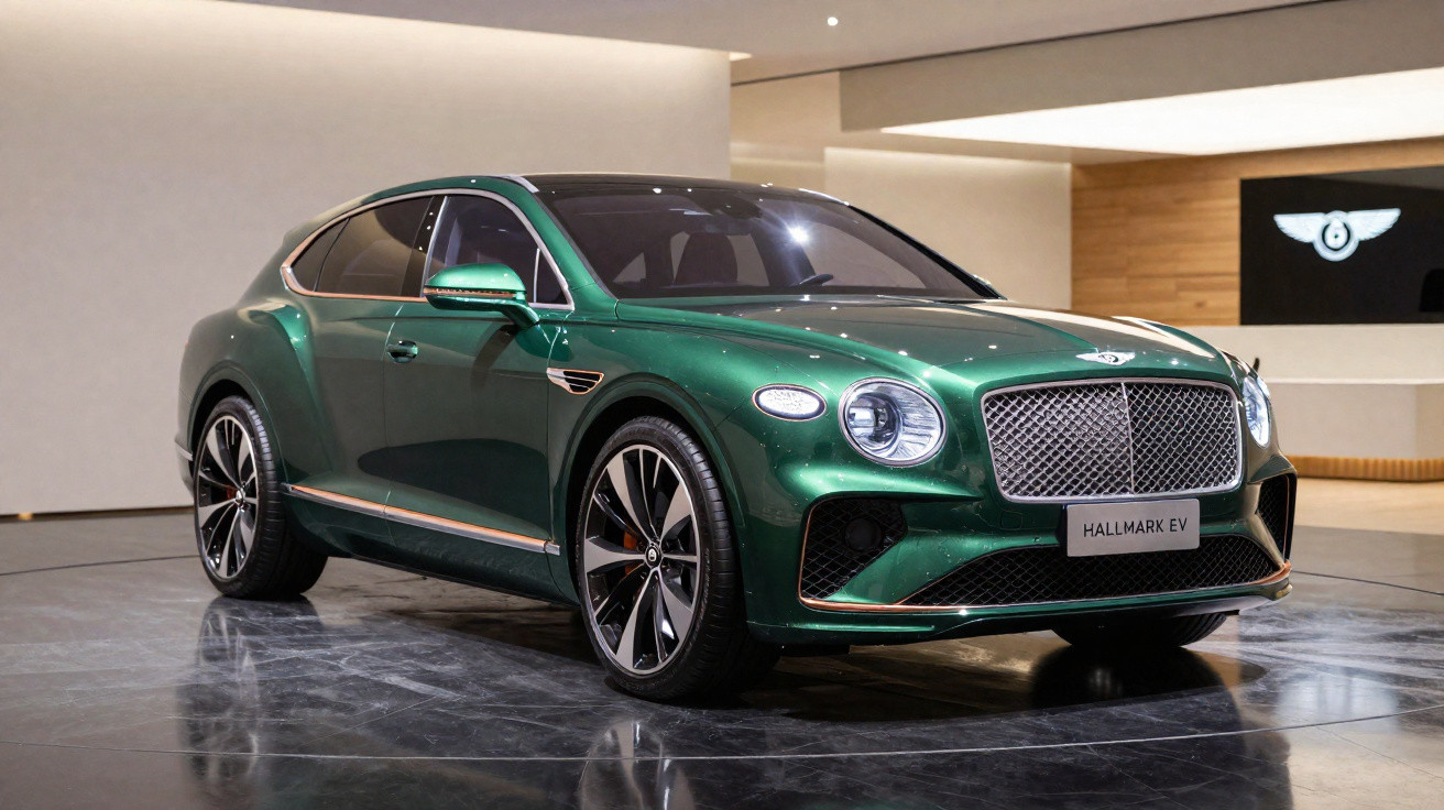 Voiture électrique Bentley Hallmark EV verte exposée dans un showroom moderne au sol réfléchissant.