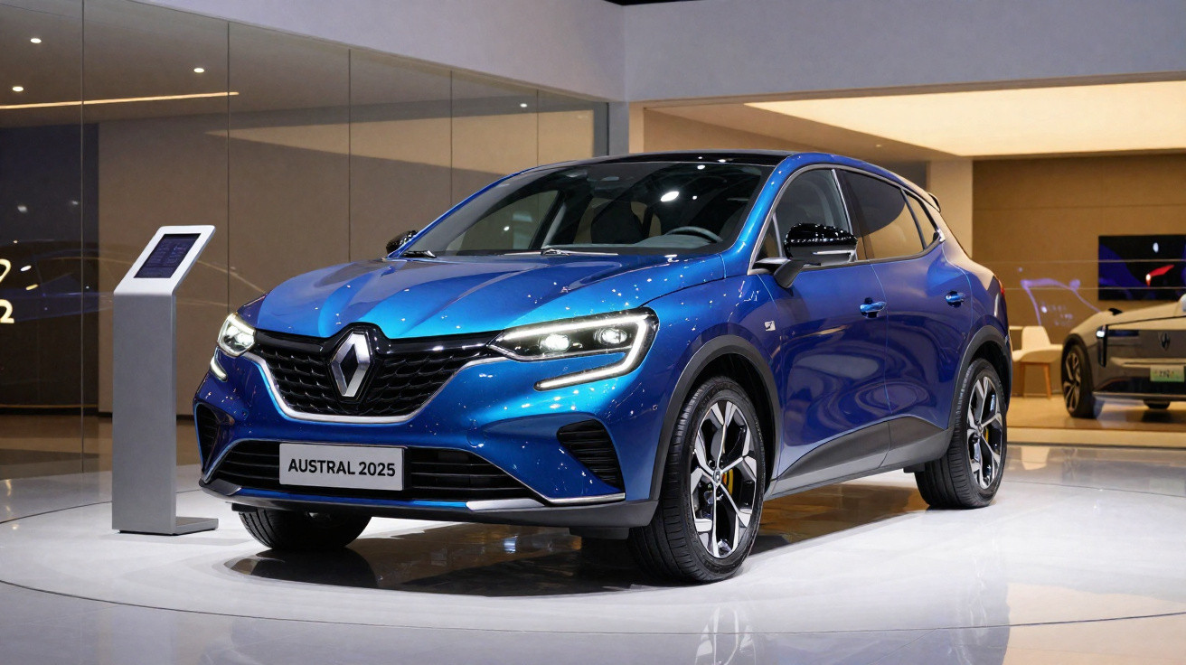 Voiture bleue Renault Austral 2025 exposée en intérieur avec éclairage moderne et tablette interactive à côté.