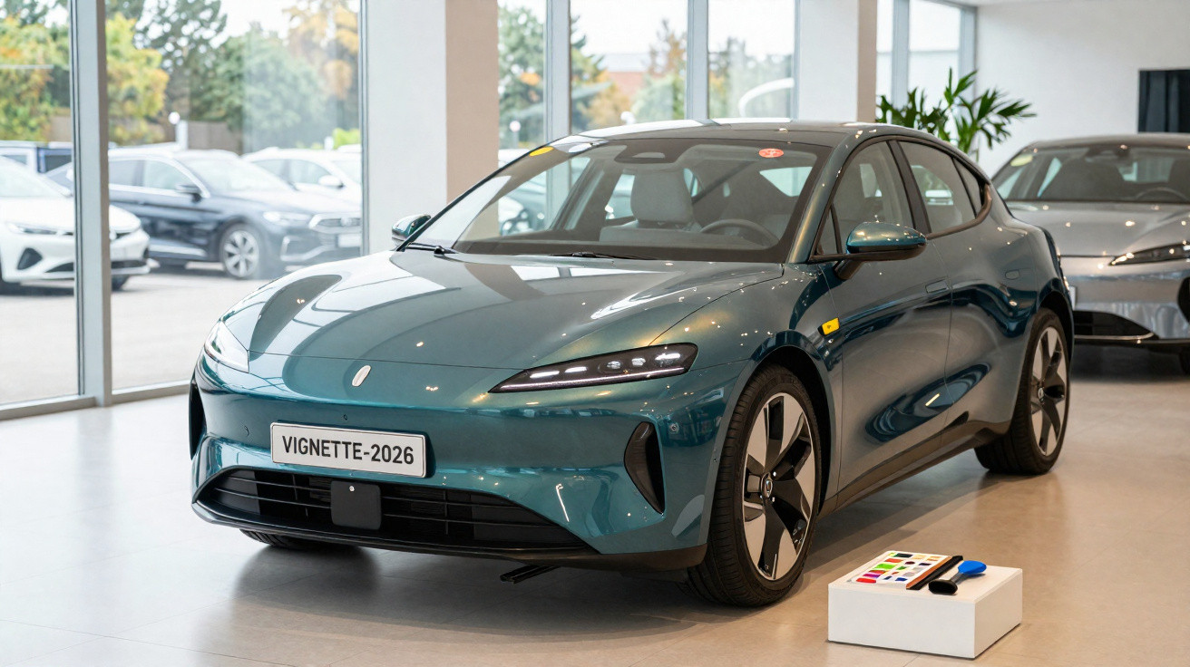 Voiture électrique moderne bleu métallisé exposée dans un showroom avec plaque VIGNETTE-2026.