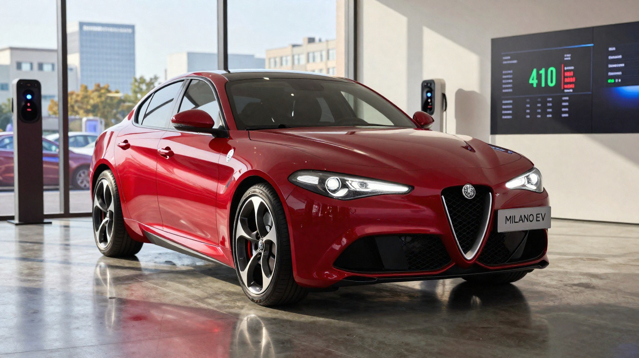 Voiture électrique rouge Alfa Romeo Milano EV exposée dans un showroom moderne avec bornes de recharge.