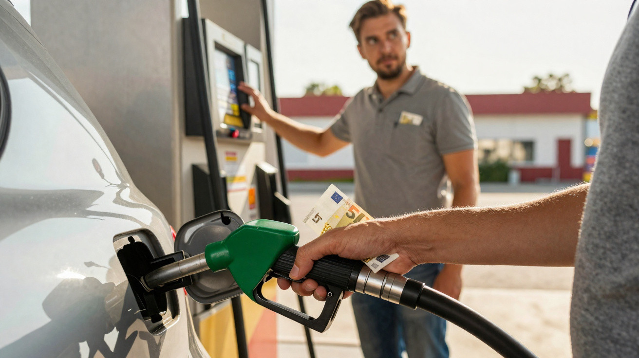 Gros plan d'une main faisant le plein d'essence à une voiture, homme et pompe en arrière-plan.