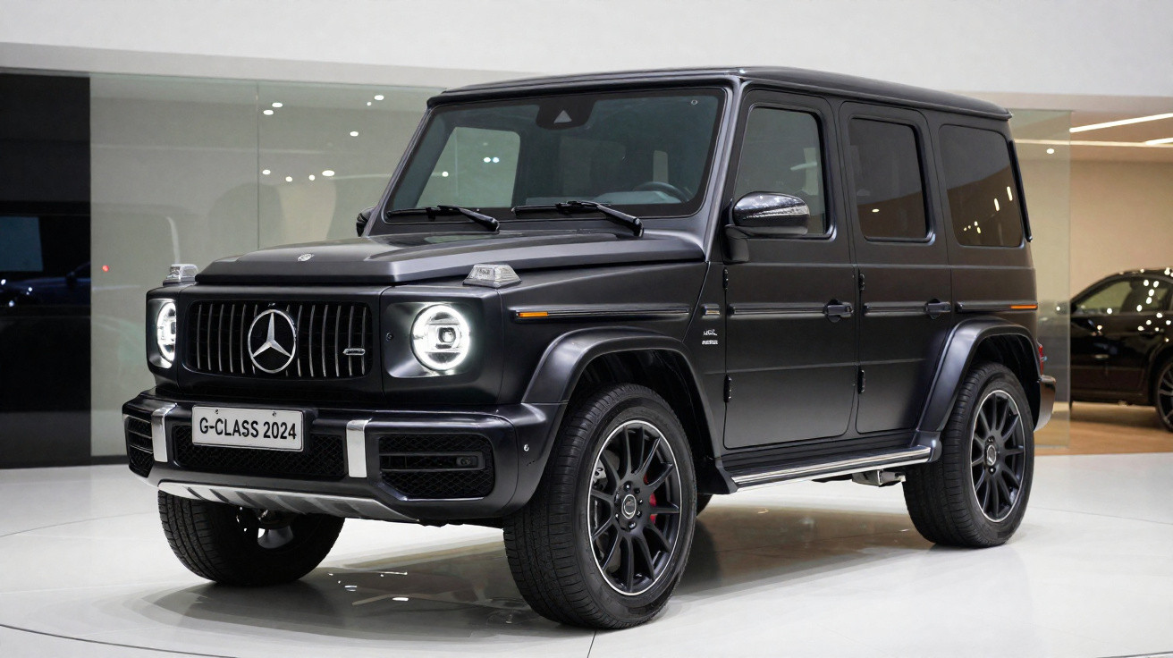 Mercedes-Benz G-Class 2024 noire exposée en showroom, vue avant latérale avec phares allumés.