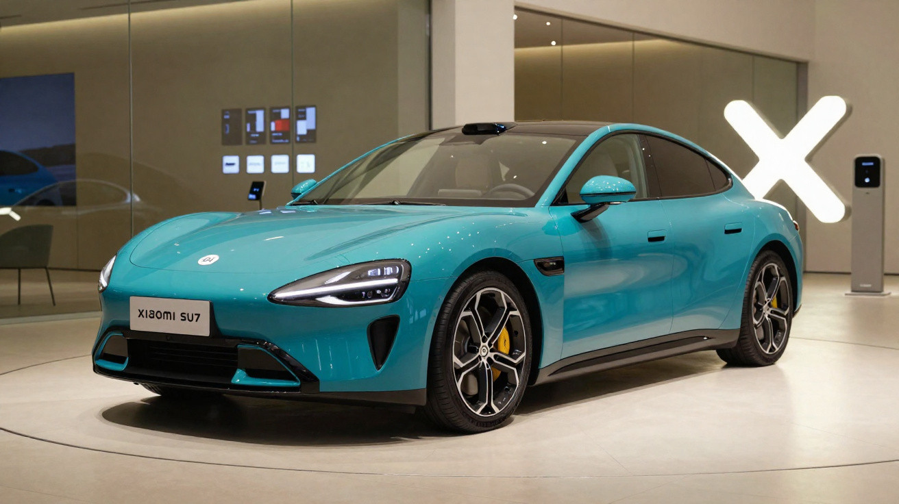 Voiture électrique Xiaomi SU7 bleue exposée dans un showroom moderne avec éclairage tamisé.