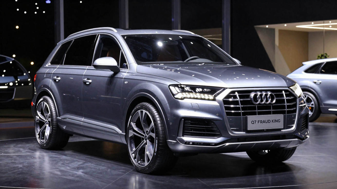 Audi Q7 gris métallisé exposée en intérieur avec phares allumés et jantes sport.
