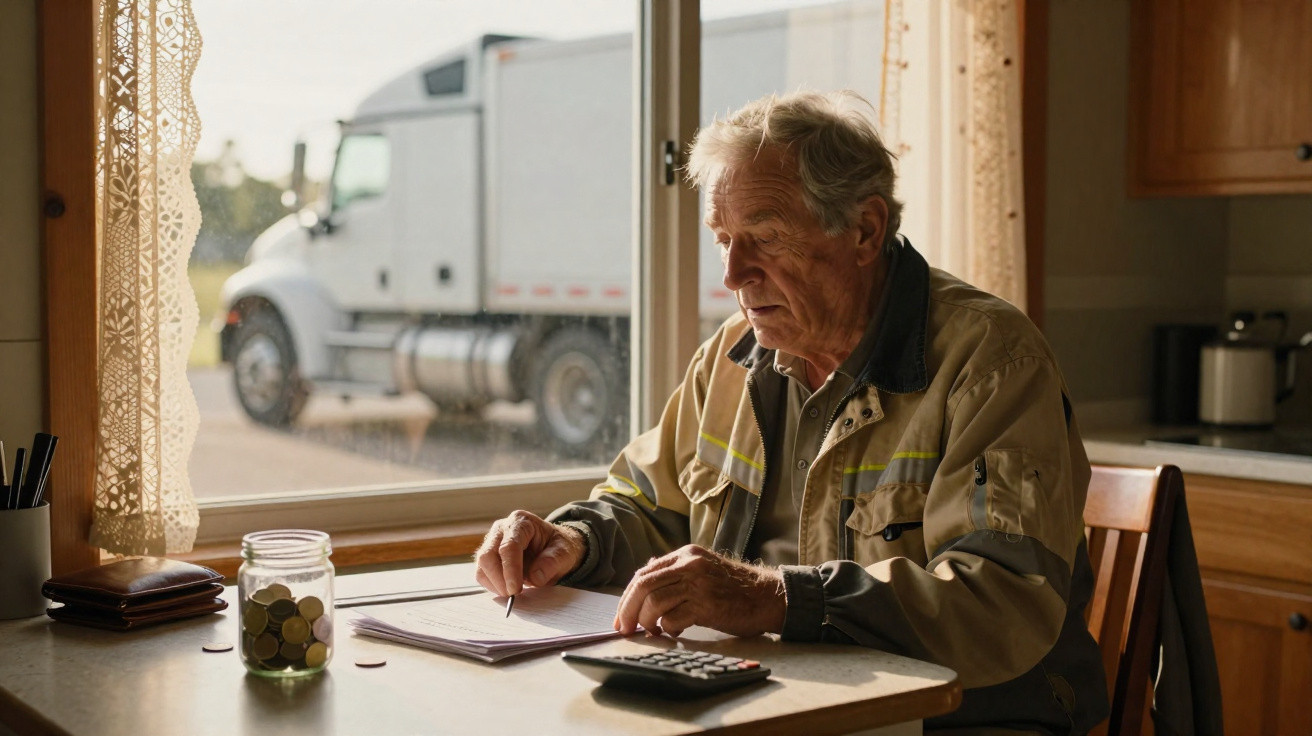 Homme âgé assis à une table, écrivant avec un stylo, camion blanc visible par la fenêtre derrière lui.