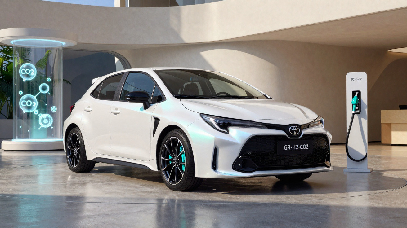 Voiture blanche Toyota GR-H2-CO2 devant une borne de recharge avec affichage de molécules de CO2.