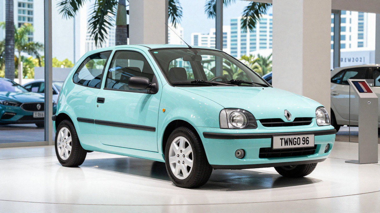 Voiture Renault Twingo 96 bleu clair exposée dans un showroom moderne avec de grandes fenêtres.
