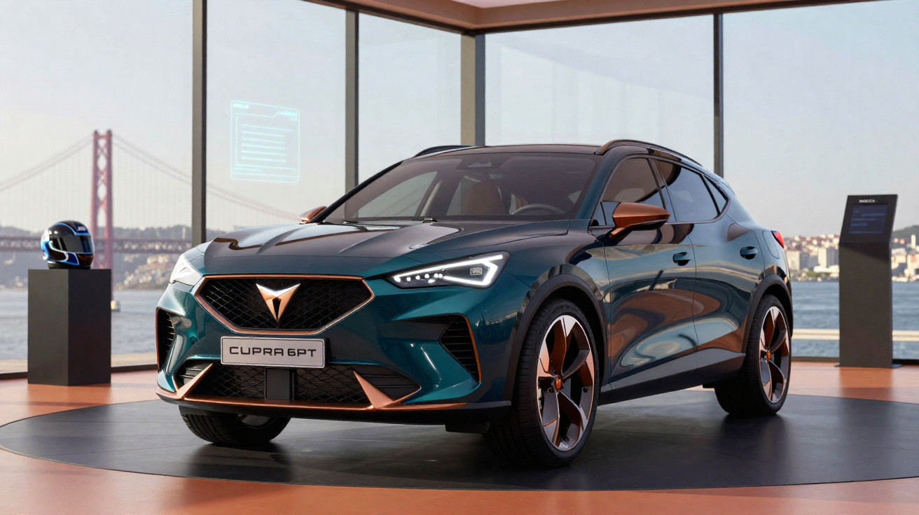 Véhicule Cupra 6PT bleu avec détails cuivrés exposé dans un showroom avec vue sur un pont au bord de l'eau.