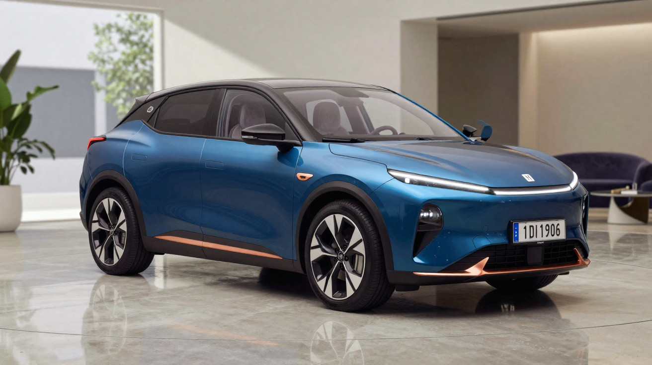 Voiture électrique compacte bleue avec toit noir, stationnée dans un intérieur moderne et lumineux.