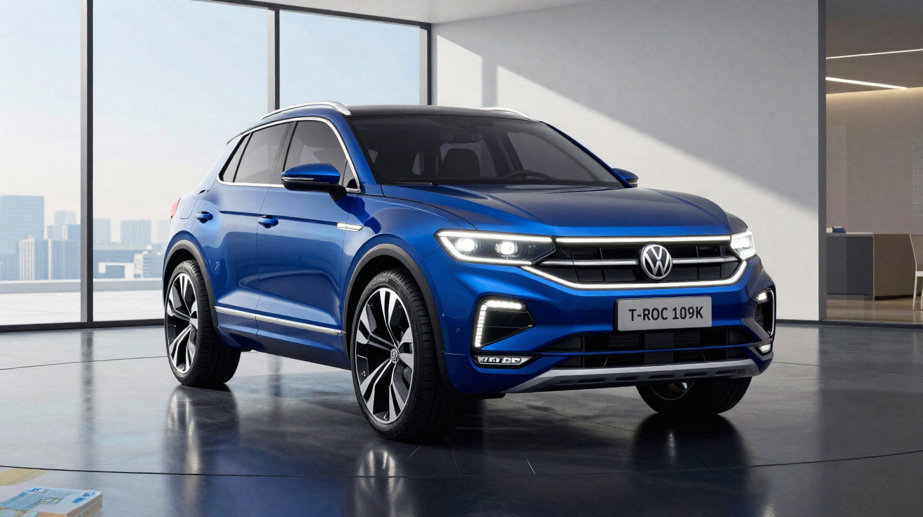 SUV Volkswagen T-Roc 109K bleu métallisé garé dans un showroom lumineux avec vue sur la ville.