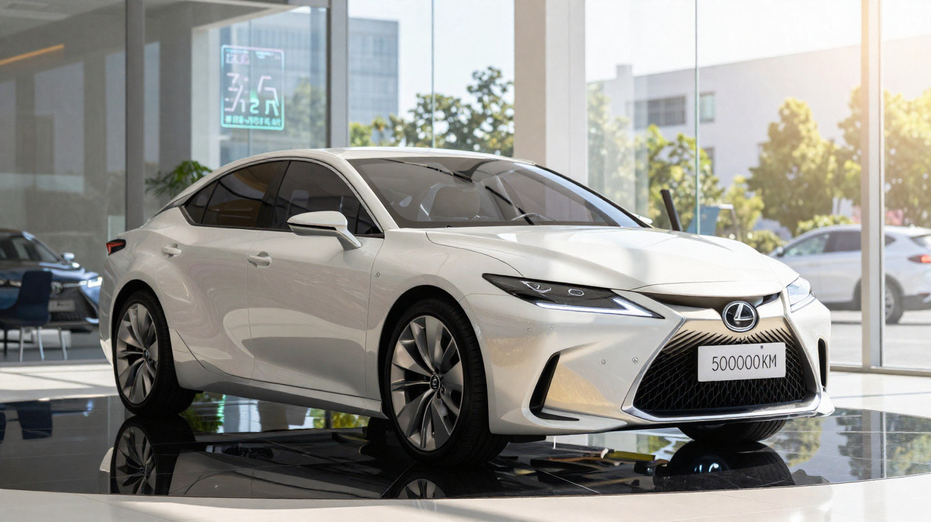 Voiture blanche de luxe Lexus exposée dans un showroom moderne avec grandes baies vitrées lumineuses.