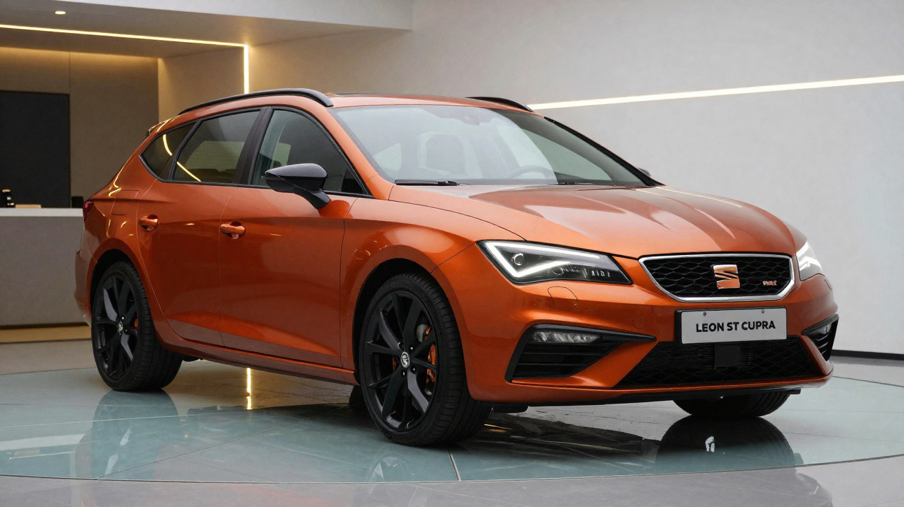 Véhicule break SEAT Leon ST Cupra orange métallisé présenté en intérieur sur un plateau tournant.