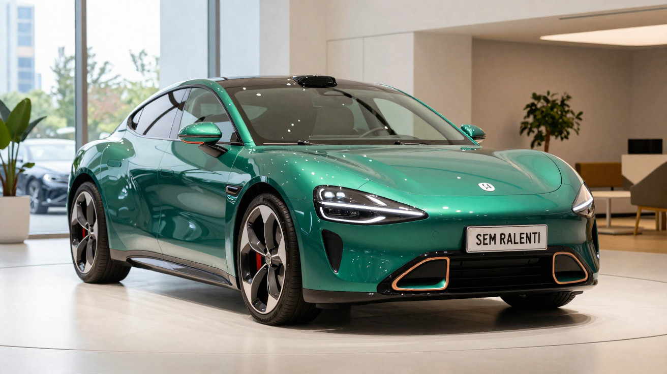 Voiture électrique sportive verte exposée en intérieur avec des phares modernes et une plaque d’immatriculation SEM RALENTI.