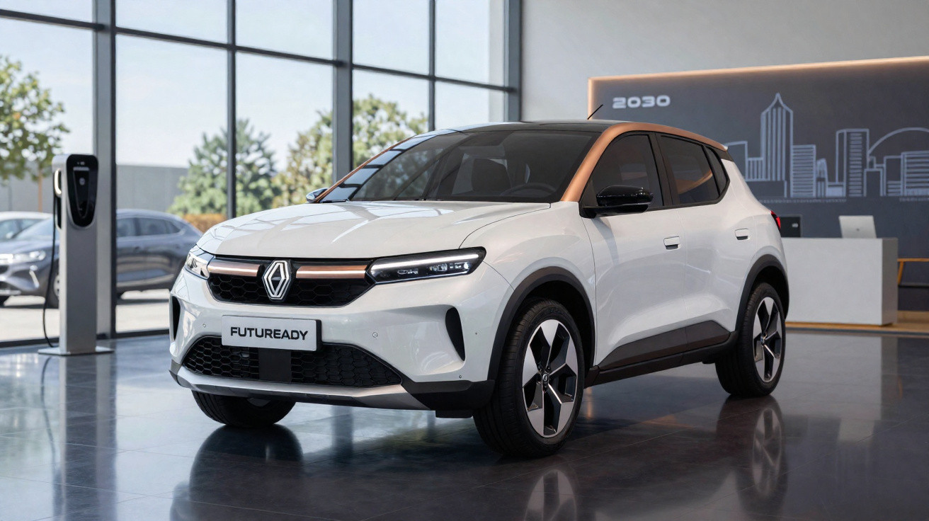 SUV électrique Renault Future Ready blanc exposé dans un showroom moderne avec bornes de recharge électriques.