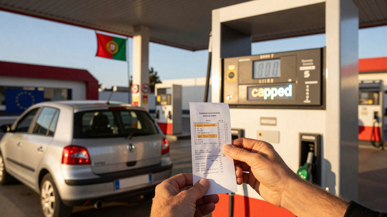Personne tenant un ticket de caisse devant une pompe à essence dans une station-service au Portugal.