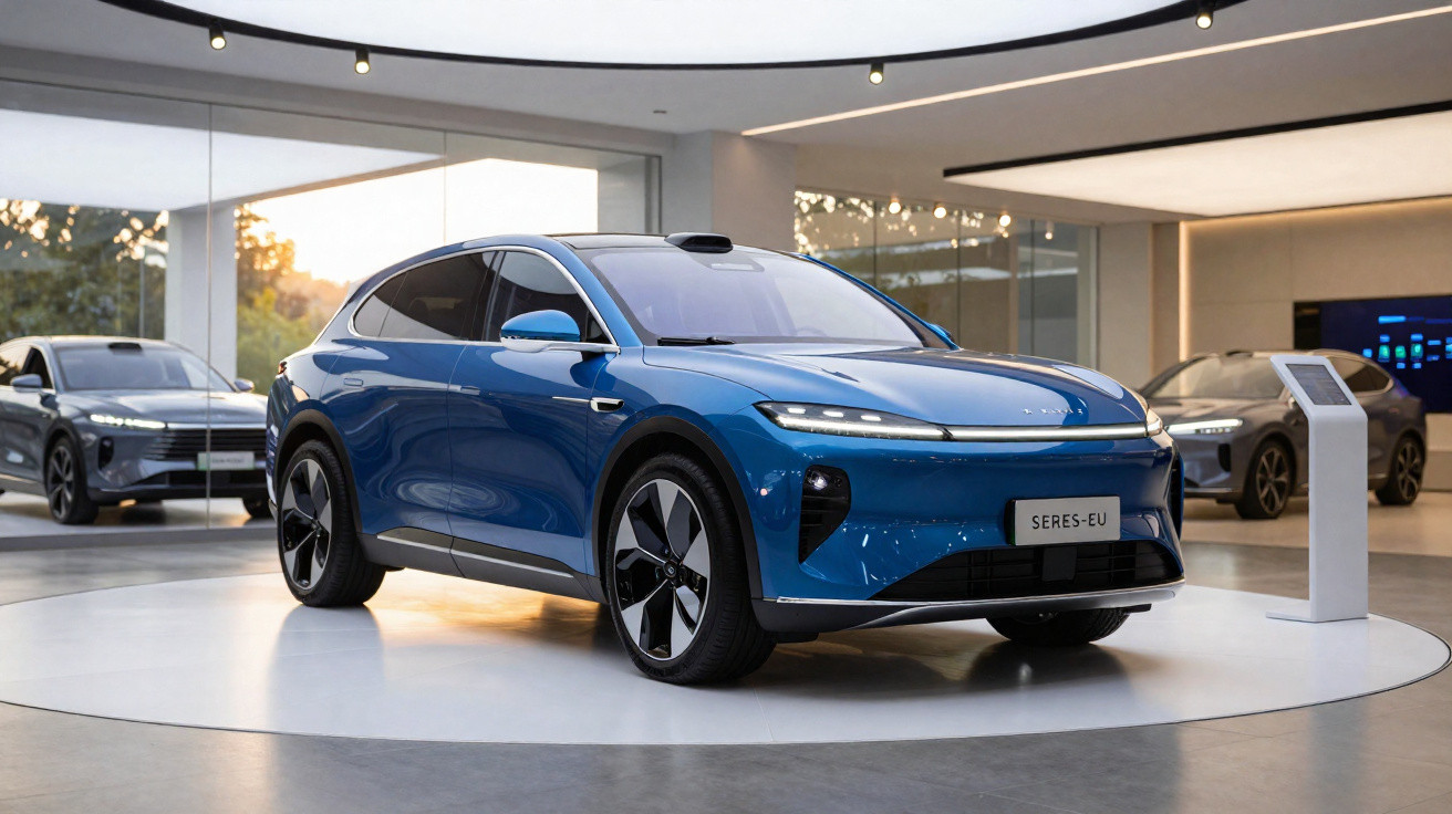 Voiture électrique bleue Seres-EU exposée dans un showroom moderne avec d’autres modèles en arrière-plan.