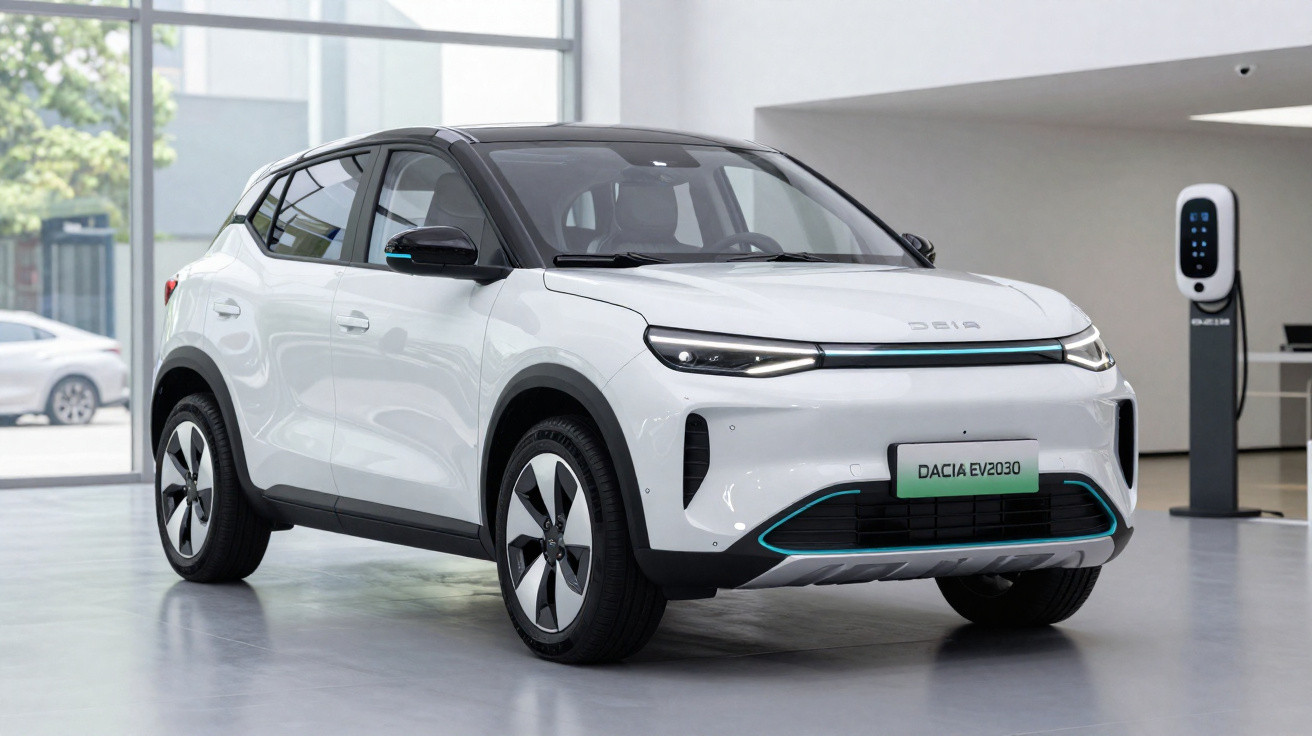 Voiture électrique blanche Dacia EV2030 exposée dans un showroom moderne avec borne de recharge.