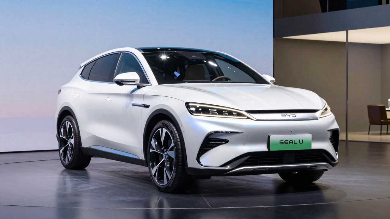 Voiture électrique SUV blanche BYD Seal U exposée en intérieur sur sol sombre avec éclairage tamisé.