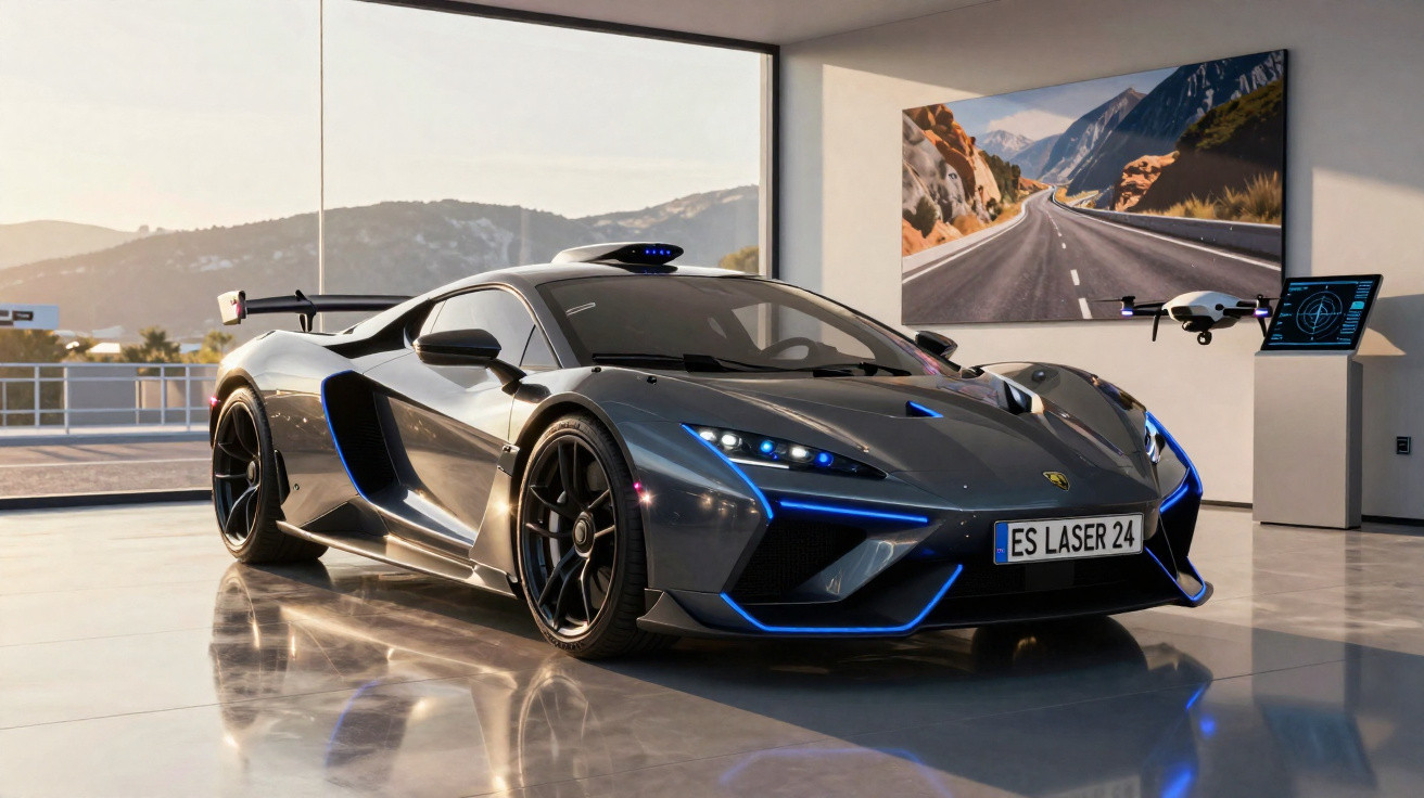 Voiture de sport grise futuriste avec éclairage bleu, exposée dans un showroom moderne avec vue sur la montagne.