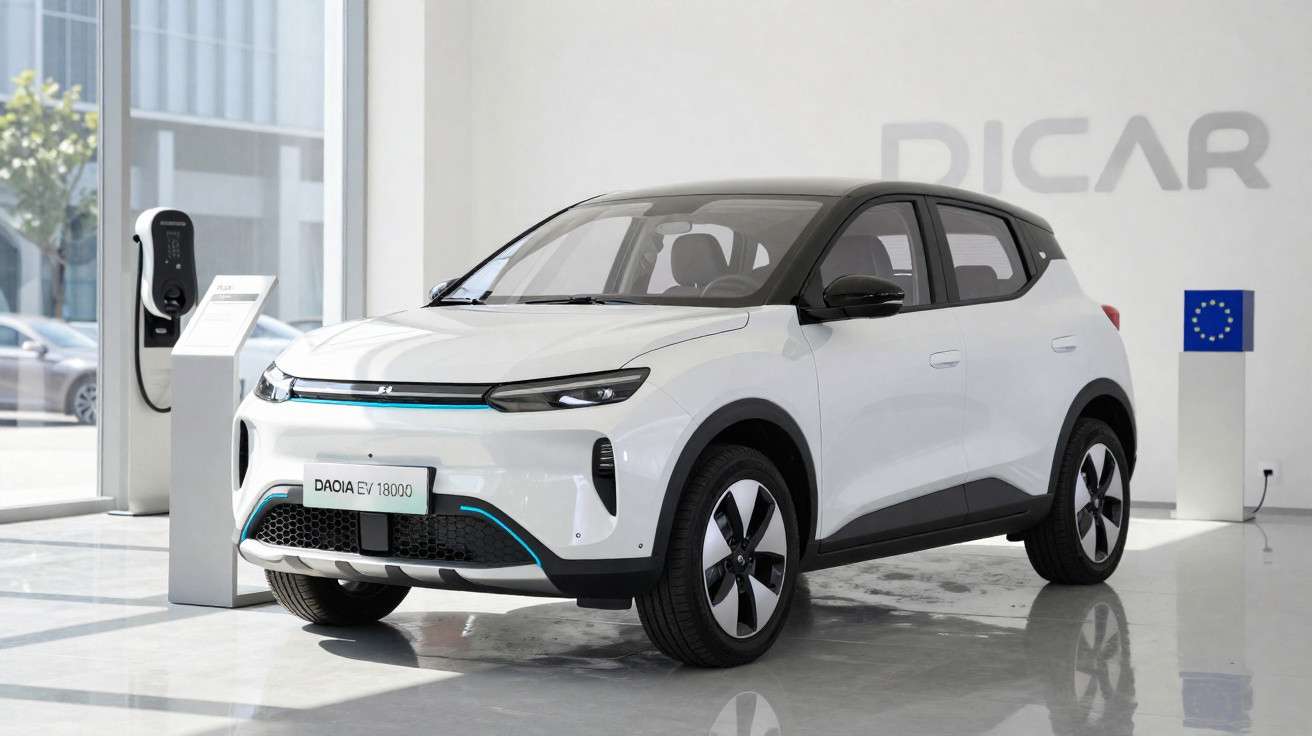 Voiture électrique blanche compacte garée à l'intérieur avec borne de recharge à côté dans un showroom lumineux.