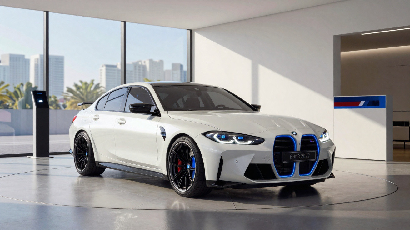 BMW M3 blanche futuriste exposée dans un showroom lumineux avec baie vitrée et vue urbaine en arrière-plan.