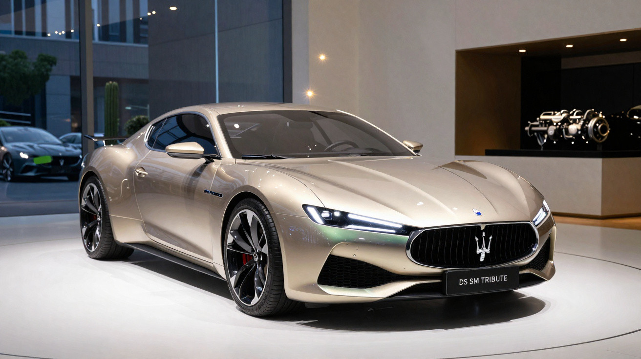Voiture de luxe Maserati DS SM Tribute beige exposée en showroom avec moteur en arrière-plan.