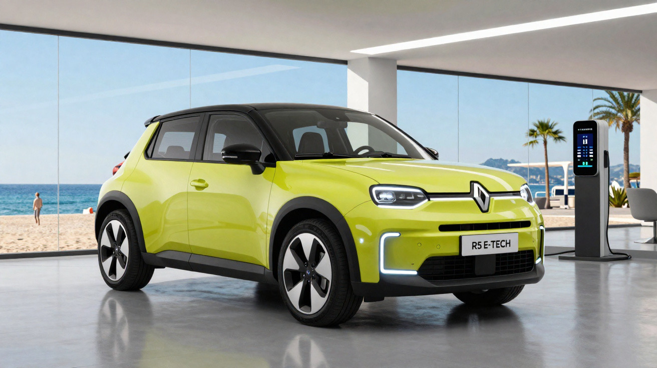 Voiture électrique Renault R5 E-Tech jaune exposée dans un showroom avec vue sur la plage et la mer.