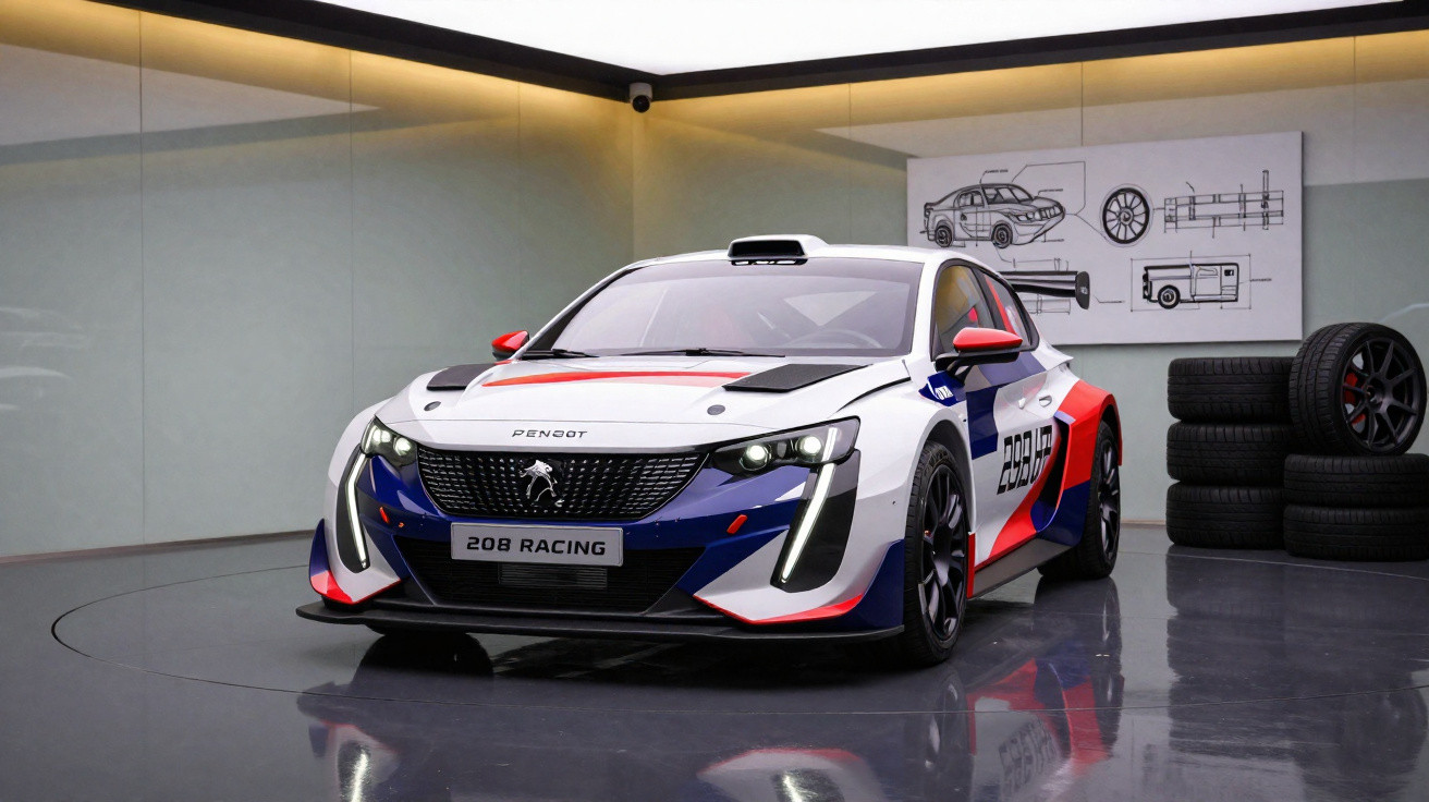 Voiture de course Peugeot 208 Racing blanche, bleue et rouge dans un garage avec des pneus empilés.