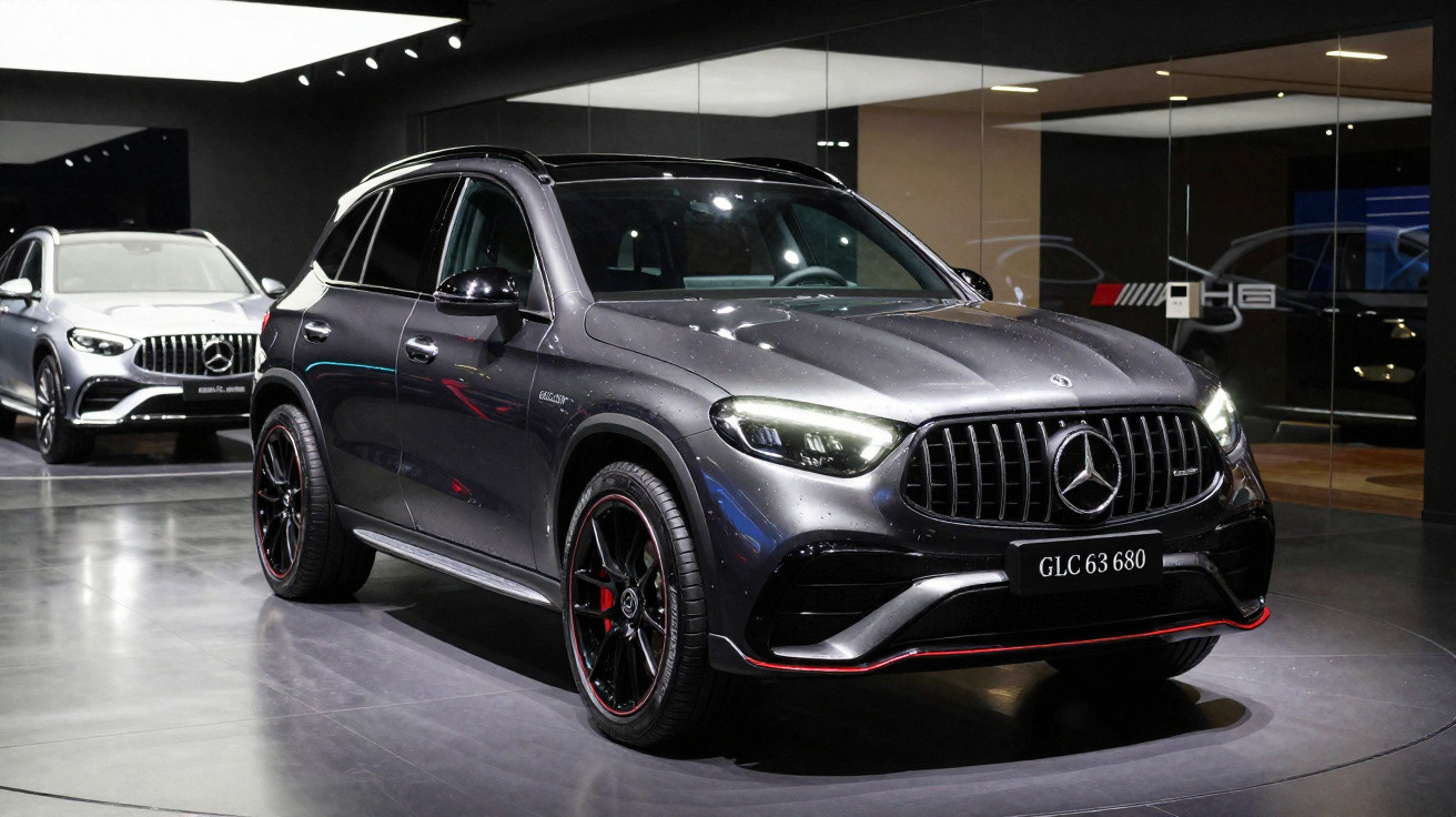 Voiture Mercedes GLC 63 AMG noire exposée dans un showroom moderne avec un autre modèle blanc en arrière-plan.