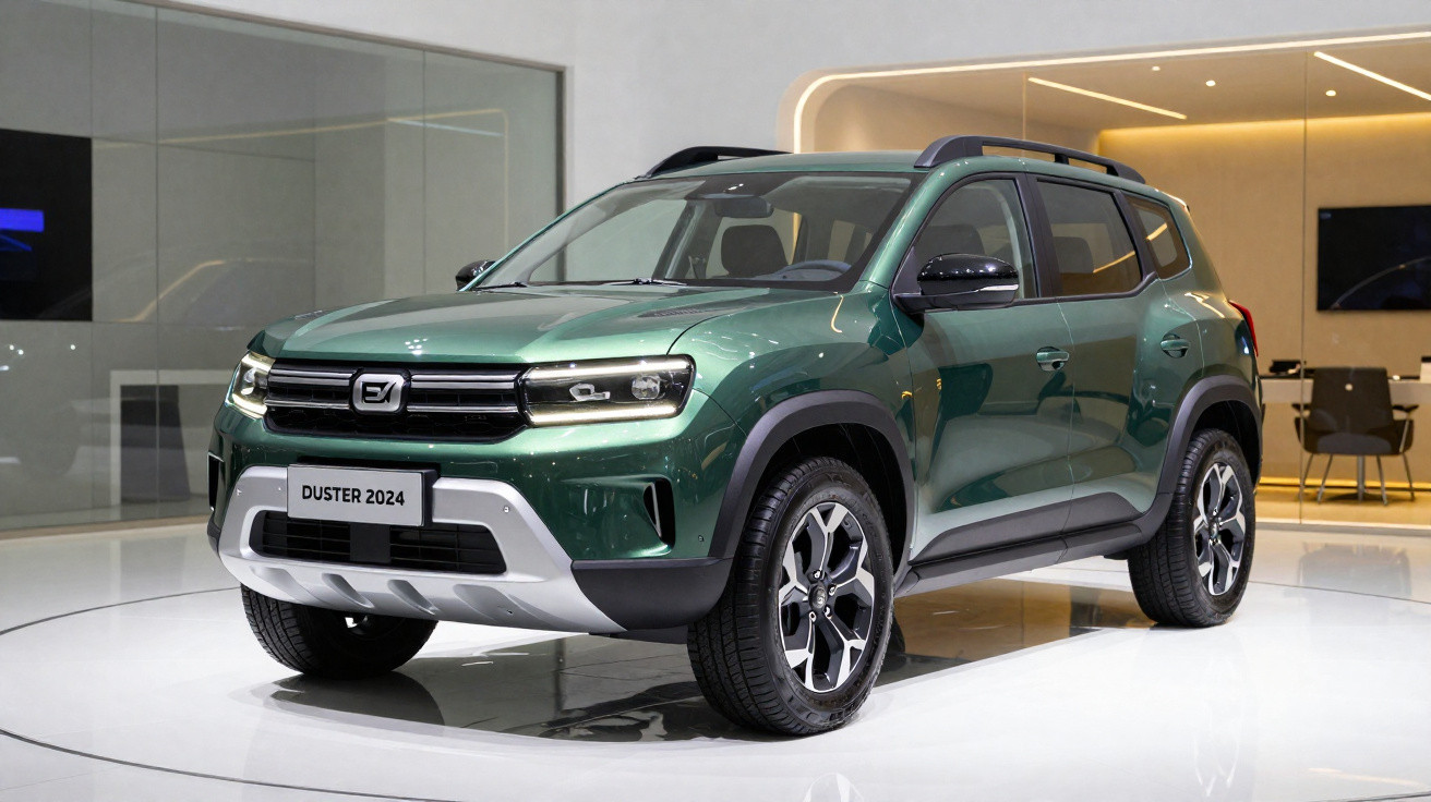 SUV vert métallisé Duster 2024 exposé en salle d'exposition moderne avec éclairage tamisé.